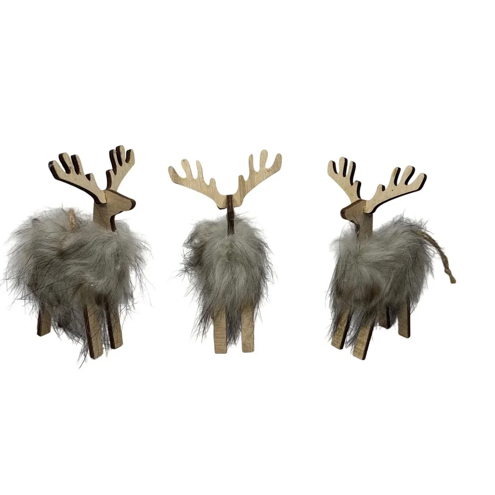 Unbranded Reindeer Ornament Set 3pc Unisex OS Tan Wood Faux Fur Rustic Christmas